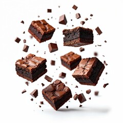 Levitating chocolate brownies, chunks. Tempting dessert concept. Delicious, sweet baked chocolate squares, pieces in air. Brownie pieces levitate against white background, concept of tasty food,