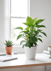 Indoor Plants and Minimalist Decor on White Desk