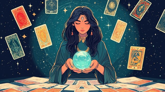 Mystical fortune teller reading a crystal ball, surrounded by floating tarot cards.