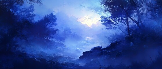 Naklejka premium Dreamy blue landscape with fog and trees.