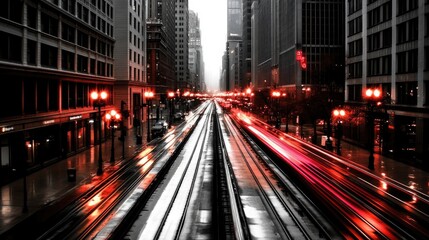 Obraz premium Rain-slicked Cityscape: Urban Rails at Night