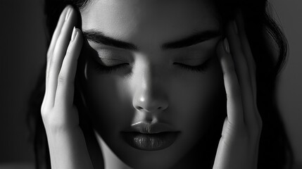Obraz premium A close-up of a woman with closed eyes, gently massaging her temples with both hands, conveying a sense of relaxation and stress relief