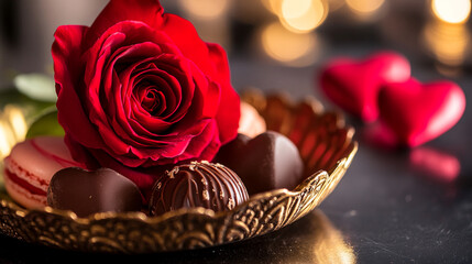 Red rose and assorted chocolates in an ornate gold bowl, creating a romantic Valentine's Day scene