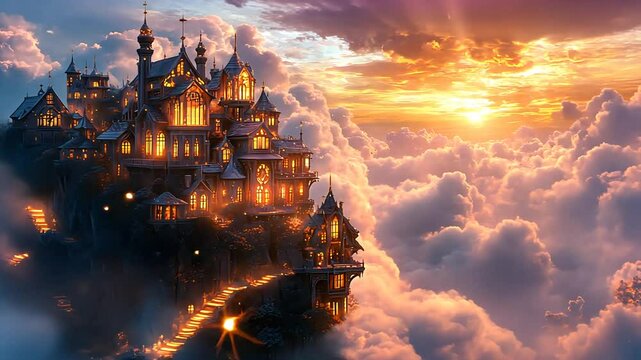 Magical floating city above the clouds illuminated by golden sunset light.