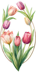 Obraz premium Elegant Watercolor Painting of a Floral Arrangement Featuring Seven Tulips in a Circular Frame