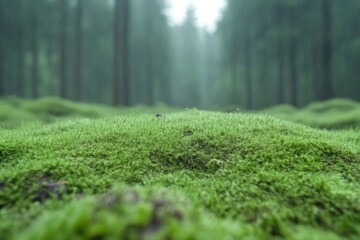 Naklejka premium Lush green moss carpet in a misty forest. Close-up view of a dense carpet of vibrant moss covering the forest floor, with blurred tree trunks in the background, creating a tranquil woodland scene