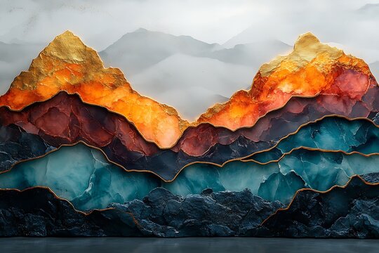 Abstract Mountainscape with Golden Accents, Layered Textures, and Marble Veins Design