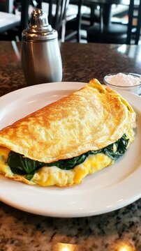 Freshly prepared spinach and cheese omelet garnished with garlic powder served in a vibrant diner atmosphere