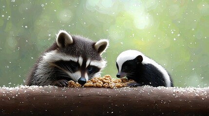 Fototapeta premium A painting depicts two raccoons feasting from a wooden dish atop a wooden plank