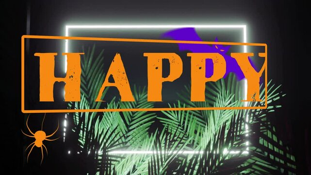 Halloween animation with bat and spider over neon-lit palm leaves