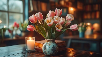 Delicate bouquet of faded pink ivory tulip resting stack of antique book placed wooden desk near softly glowing candle background cozy dimly lit study shelf of old leather bound book open window