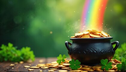 Black cauldron overflowing gold coins under rainbow. Lucky charm St Patricks day celebration. Pot treasure, clovers, rainbow background. Irish charm, wealth, prosperity, good fortune, happy holiday.