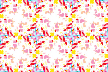 Abstract pattern with scattered, irregular shapes. Vibrant color palette including red, yellow, blue, and pink hues with white background. brushstroke-like elements.  Dynamic composition 