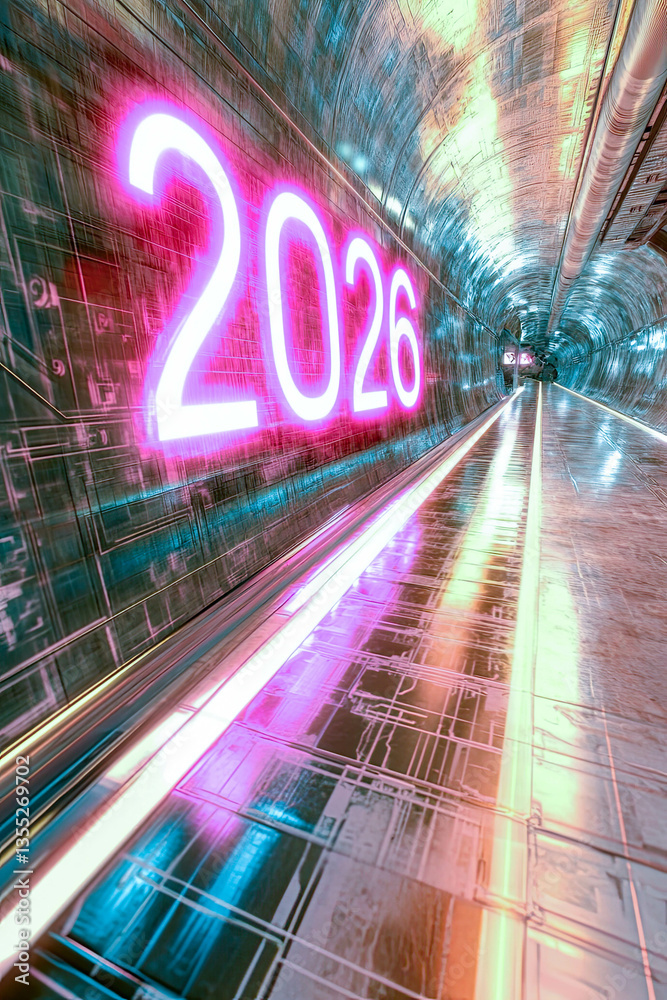 Poster Futuristic tunnel with bright digital text displaying 2026 and reflecting vibrant light patterns