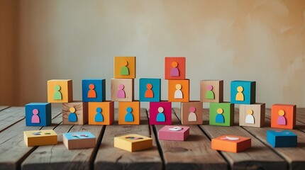 A collection of colorful wooden blocks with silhouette figures on them is arranged on a wooden surface, symbolizing diversity or teamwork.