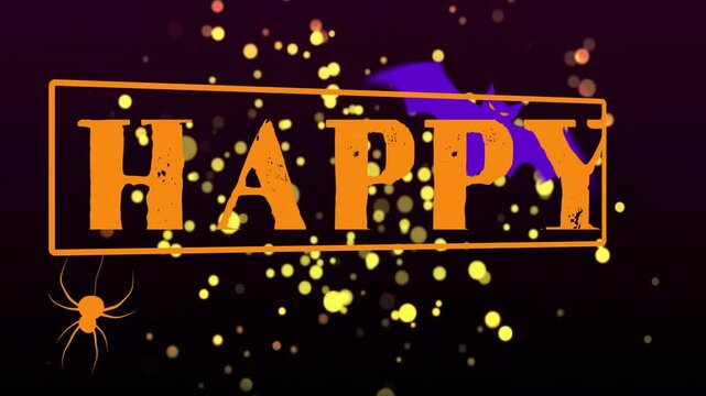 Animation with orange spider and bat glowing over dots on dark background