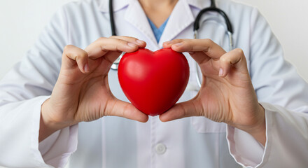 A doctor's gentle hands cradling a vibrant red heart, symbolizing compassion, care, and the unwavering commitment to patient well-being against a clean, bright background.