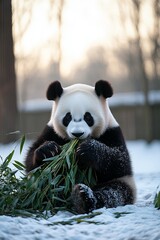 Obraz premium A panda sitting on the ground, munching on bamboo leaves against a softly blurred background