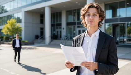 Teenagers Looking for Jobs - Young man holds resume confidently outside office  