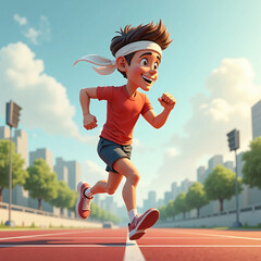 An athlete running vigorously on an outdoor running track