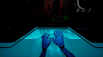 3d illustration of robot hands typping on virtual holographic keyboard. Modern technology background