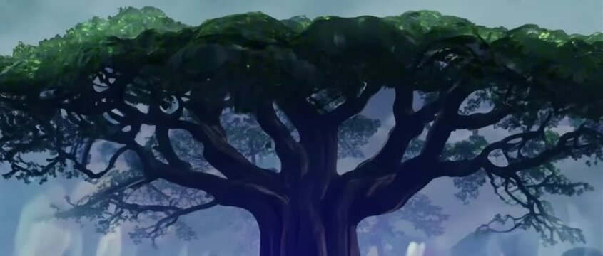 2:35:1 A massive ancient tree in a misty void, its branches glowing, whispering forgotten knowledge into the air. Fantasy mystical aesthetic