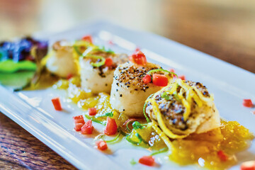 pan seared scallops with an herb crust topped with a fruit juice glaze