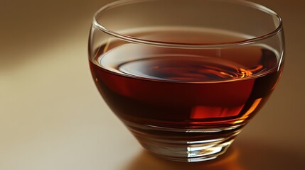A clear glass bowl holds a dark amber colored liquid
