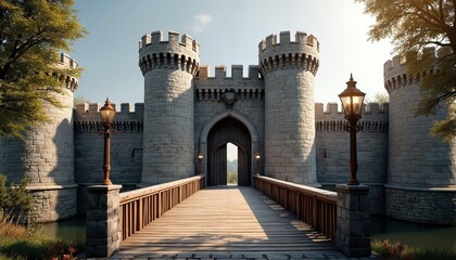 Grand castle entrance with drawbridge, fortified gate. Stone walls, wooden bridge, towers, archway, gate. Historic architecture building exterior. Travel destination, fantasy, fairytale, Europe.