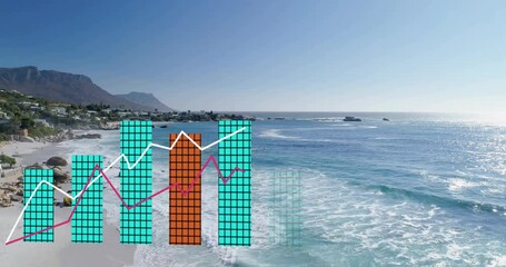 Bar and line graph animation over scenic coastal landscape with clear blue sky - Powered by Adobe