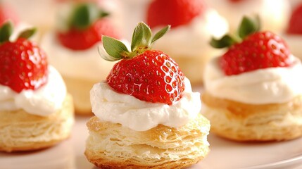 White plate with mini pastries and whipped cream strawberry on a piece of cake
