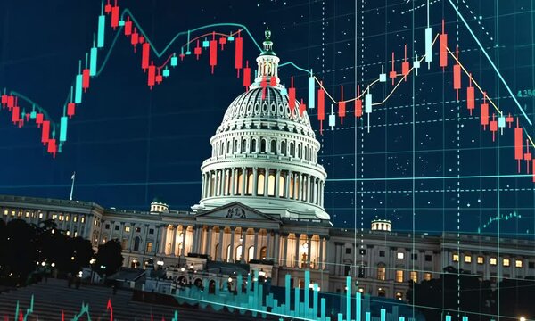 Financial Storm: A compelling composition showcasing the US Capitol Building superimposed with dynamic stock market data, illustrating economic shifts.