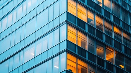 Modern Office Building Corner with Illuminated Windows and Reflective Glass Facade