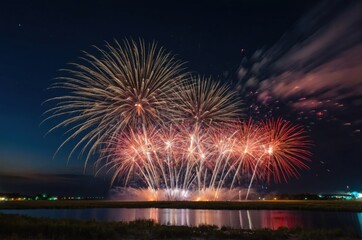 Colorful fireworks explode in the night sky, celebration scene.