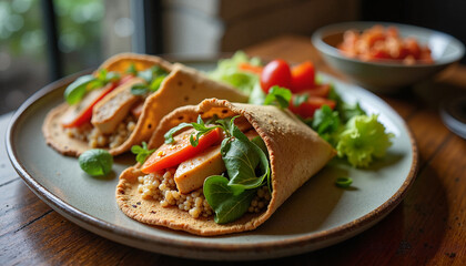 Delicious chicken wraps with fresh vegetables on a wooden table  