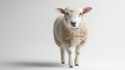 Studio close-up of walking lamb in motion on white background
