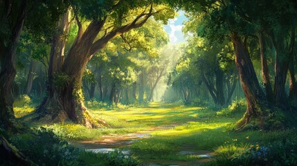 Obraz premium A vibrant and sunlit forest scene with a meandering path