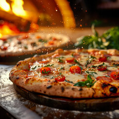 Pizza is cooked in a wood-fired oven