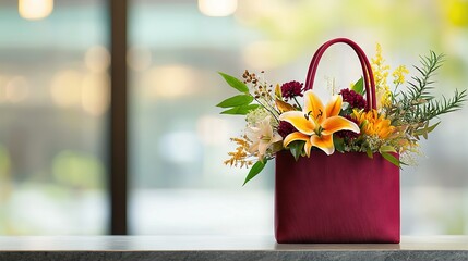   A red bag adorned with yellow flowers and lush greenery sits atop a table, framed by a window with a hazy backdrop