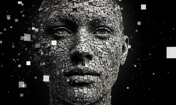 Digital Identity: A human face constructed from interconnected digital blocks, dissolving into pixels against a dark background, symbolizing the AI evolution of identity and the digital age.