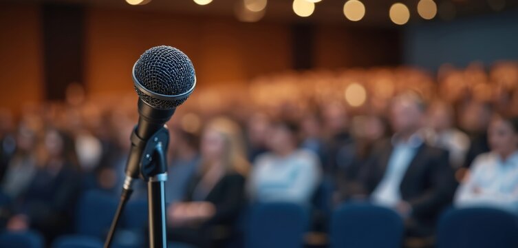 Microphone closeup on stage, audience in blurred background. Public speaker workshop training helps conquer stage fright, improves communication skills, presentation skills, public speaking, builds
