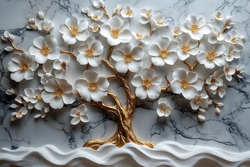 Sculpted White Flowers, Golden Branches, and Textured White Waves Against Marble Wall