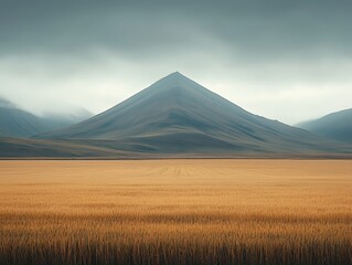 Fototapeta premium Misty Peak for Golden Field, Plateau Landscape.