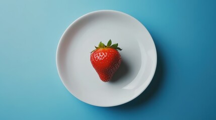 A single fresh strawberry centered on a clean white plate