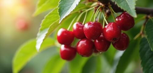 Obraz premium Close-up photo of ripe red cherries hanging from tree branch. Fresh fruits with green leaves. Orchard garden in summer. Organic food, sweet flavor, healthy vitamins, natural beauty.