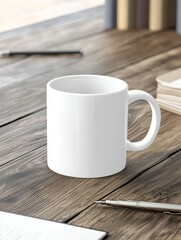 White mug mockup on wooden desk with open book and pen