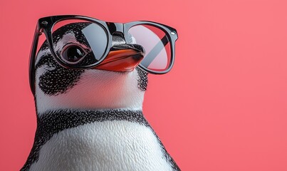A penguin wearing sunglasses against a vibrant pink backdrop.  A playful, close-up shot