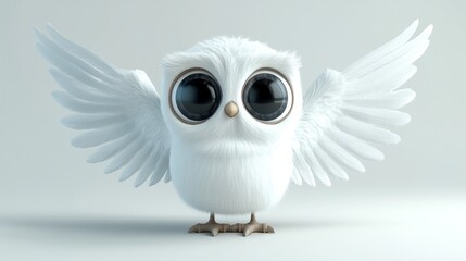 Naklejka premium A funny 3D angel with large round eyes, oversized wings, and a tiny body, set on a clean white background 