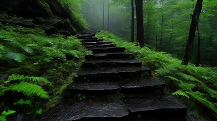 Obraz premium Misty forest pathway with stone steps. Lush greenery, wet rocks, and a sense of calm surround a winding staircase leading through a misty, wooded area