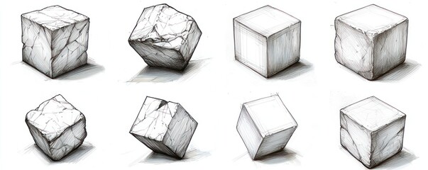 Eight cubic forms rendered in grayscale, showing variations in perspective and surface texture, some appearing smooth, others rough and cracked